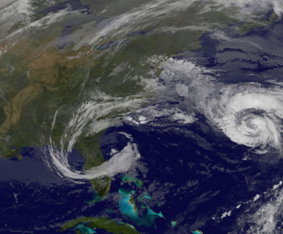 Hurricane Joaquin is pictured in this satellite image off the east coast of the United States in this handout photo provided by NOAA GOES Project, taken October 5, 2015 at 0015 GMT. Search-and-rescue teams on Sunday located debris appearing to belong to the cargo ship El Faro, which went missing in the eye of Hurricane Joaquin with 33 mostly American crew members aboard more than three days ago, the U.S. Coast Guard and the ship's owner said.( REUTERS/NOAA GOES Project)