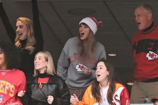 <p>Kathryn Riley/Getty</p> Taylor Swift attends the Kansas City Chief game on Dec. 17 in Foxborough, Massachusetts.