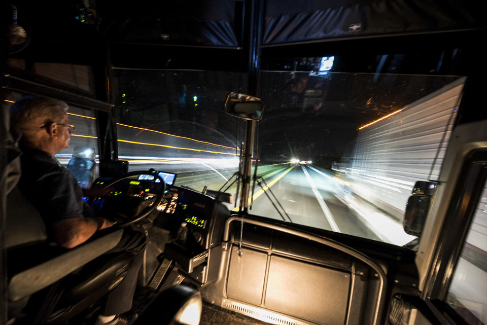 Bus driver Bobby Jensen does some late-night driving on the&nbsp;way to Oxford.