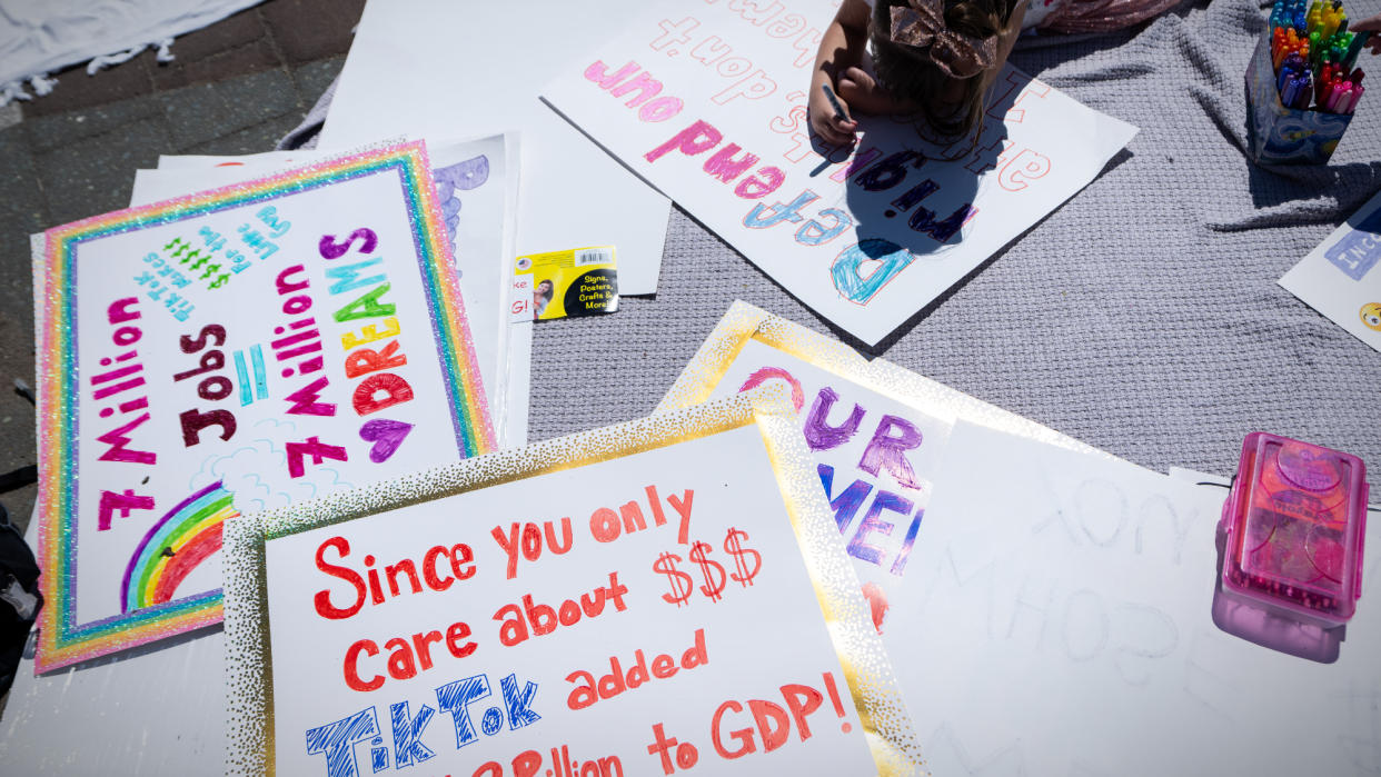  Girl writes posters against TikTok ban. 