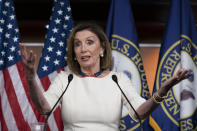 Speaker of the House Nancy Pelosi, D-Calif., addresses reporters at the Capitol in Washington, Thursday, Sept. 26, 2019, as Acting Director of National Intelligence Joseph Maguire appears before the House Intelligence Committee about a secret whistleblower complaint involving President Donald Trump. Pelosi committed Tuesday to launching a formal impeachment inquiry against Trump. (AP Photo/J. Scott Applewhite)