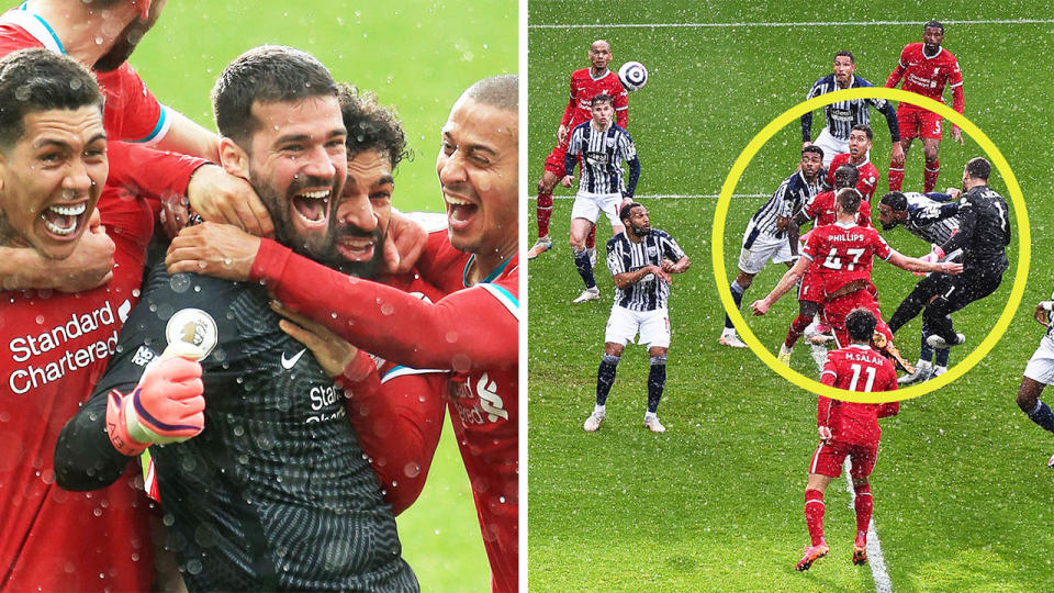 Golakeeper Alisson (pictured left) celebrates with teammates after scoring a goal for Liverpool (pictured right).