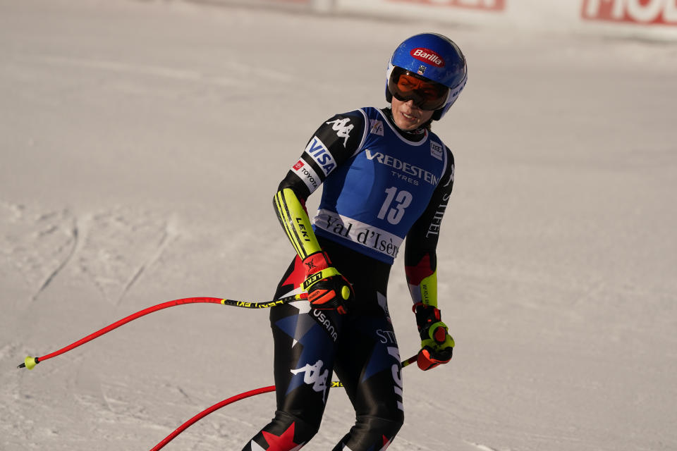 United States' Mikaela Shiffrin reacts after an alpine ski, women's World Cup Super G race, in Val d'Isere, France, Sunday, Dec. 17, 2023. (AP Photo/Giovanni Auletta)