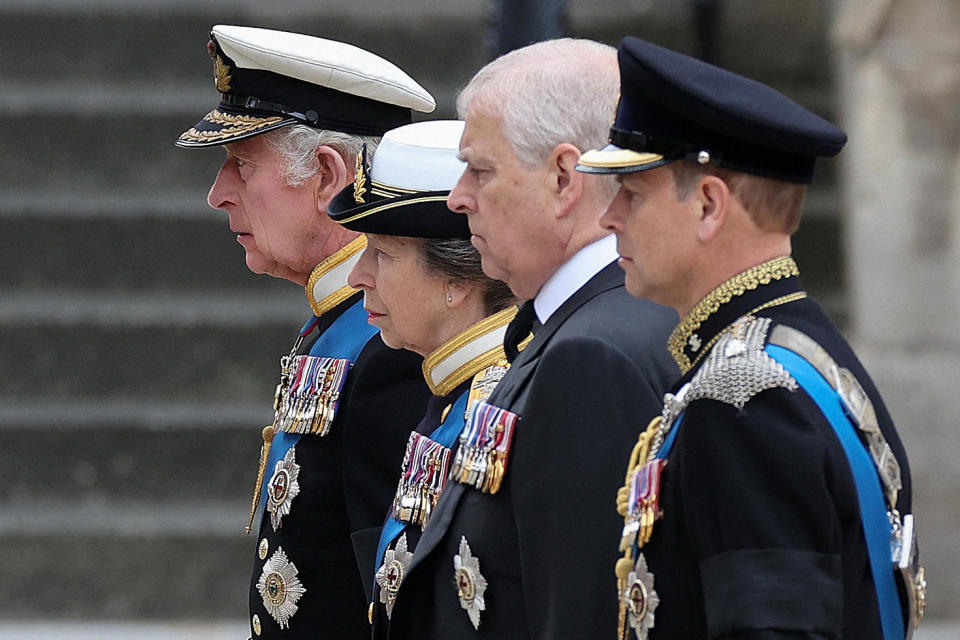 From left: Britain's King Charles III; Princess Anne; Prince Andrew, Duke of York; and Prince Edward, Earl of Wessex at the funeral of their mother, Queen Elizabeth II, at Westminster Abbey in London on September 19, 2022. / Credit: MARC ASPLAND/POOL/AFP via Getty Images