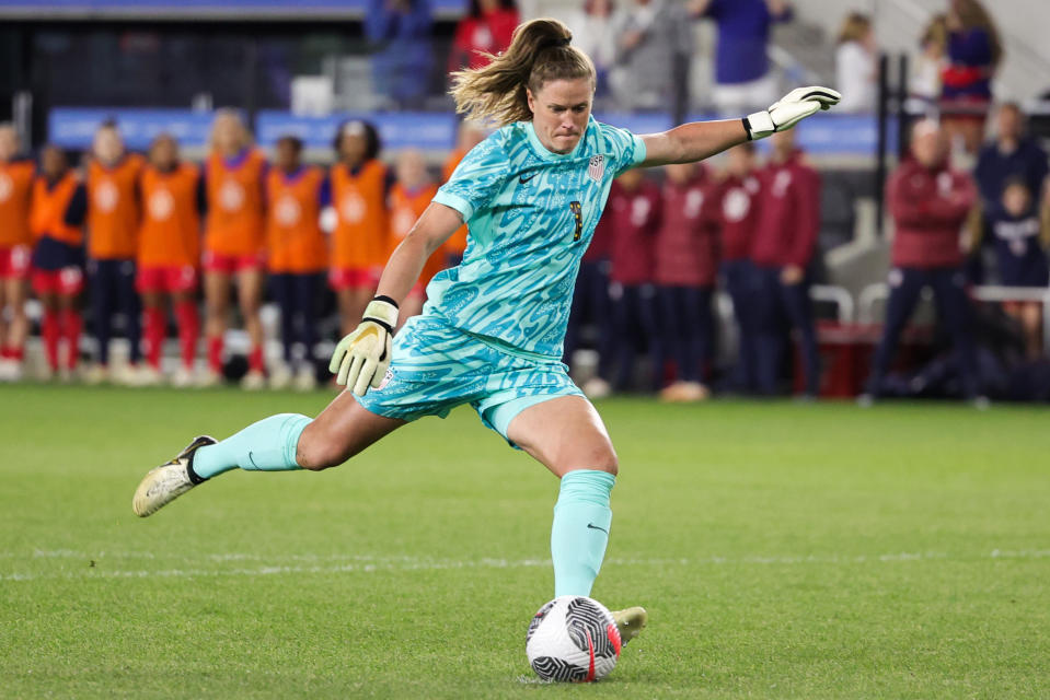 COLUMBUS, OHIO - APRIL 09: Alyssa Naeher #1 of the United States shoots and scores her penalty kick during the penalty kick shootout against Canada in the 2024 SheBelieves Cup final match at Lower.com Field on April 09, 2024 in Columbus, Ohio. (Photo by Carmen Mandato/USSF/Getty Images for USSF)