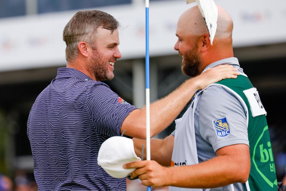 Taylor Pendrith celebrates with his caddie Mitchell Theoret after winning the 2024 CJ Cup Byron Nelson. (Photo: Andrew Dieb-USA TODAY Sports)