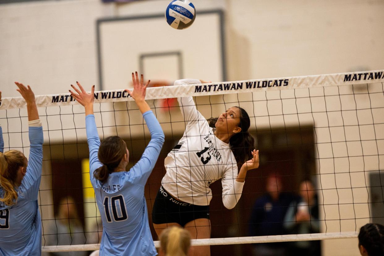 West Ottawa's Magaly Lemus looks to hit the ball during a game against Mattawan Wednesday, Nov. 1, 2023, at Mattawan High School.