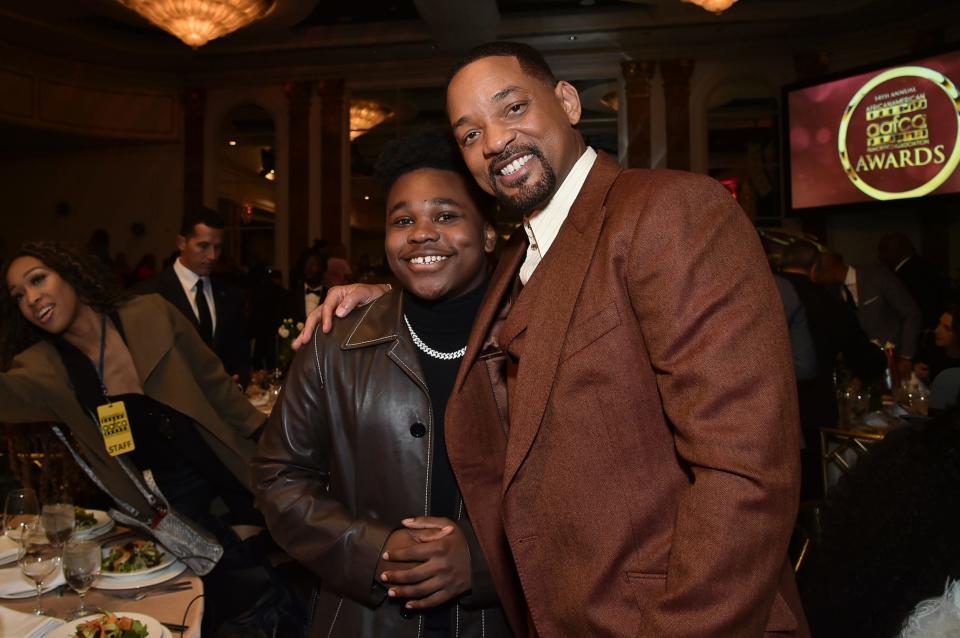 Actor Jalyn Hall (left) and Will Smith at the 2023 African-American Film Critics Association Awards show.