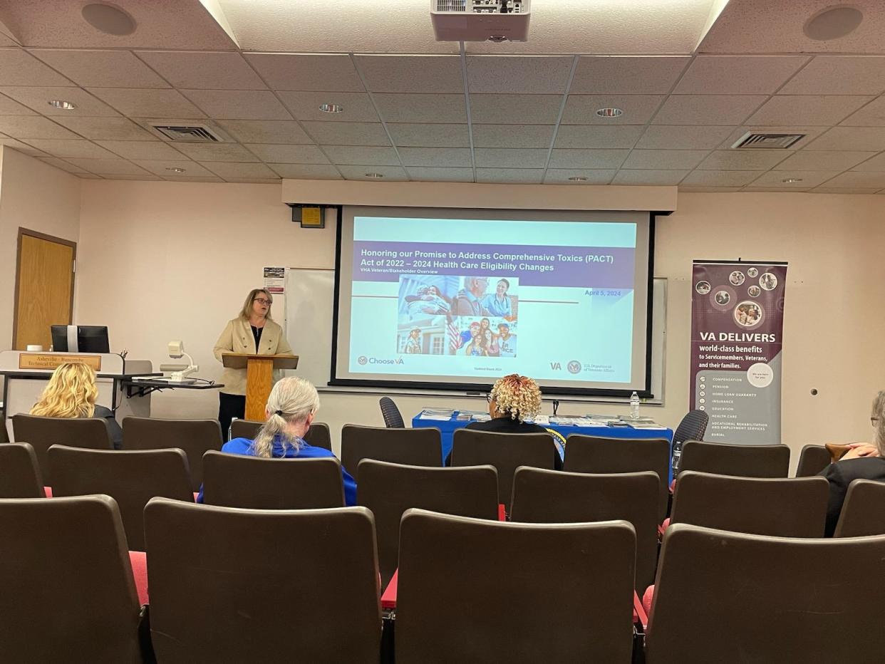 Charles George VA Hospital Medical Director Stephanie Young speaks to attendees April 6 at a veterans health benefits fair at A-B Tech's Madison campus in Marshall.