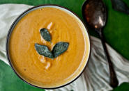 <div class="caption-credit"> Photo by: Photo by Ashley Rodriguez</div><b>Herbed Pumpkin Soup</b> <br> Heat together chicken stock, canned pumpkin, chopped onion, minced garlic and herbs like bay leaf, thyme, parsley and rosemary and simmer until thickened, about 45 minutes. Remove the herbs and stir in heavy cream. Serve topped with fried sage leaves. <br> <i>RECIPE BY Teri Tsang Barrett</i>