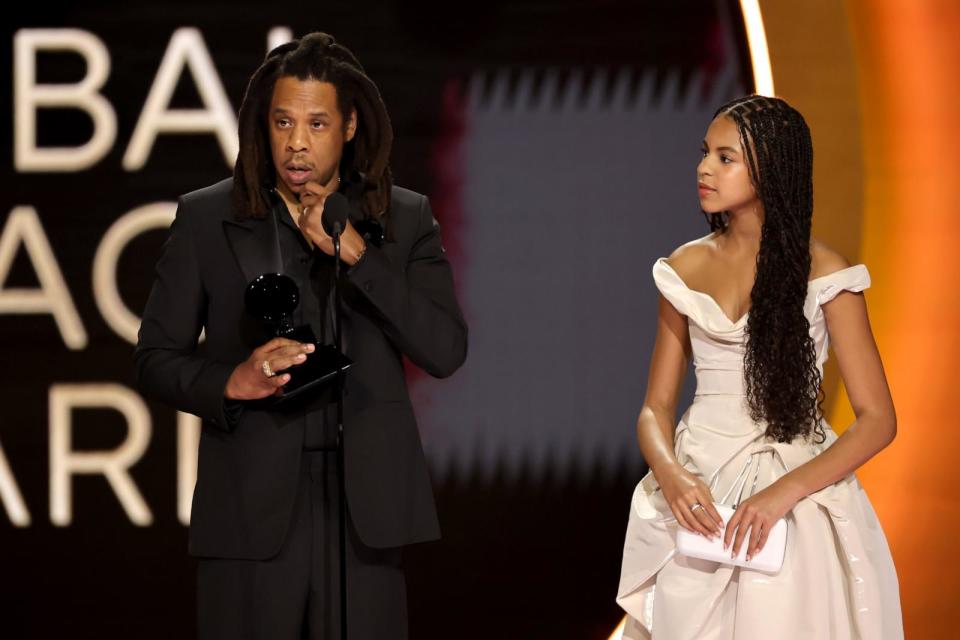 PHOTO: Honoree Jay-Z accepts the Dr. Dre Global Impact Award with Blue Ivy Carter onstage during the 66th GRAMMY Awards, Feb. 4, 2024, in Los Angeles. (Kevin Winter/Getty Images )