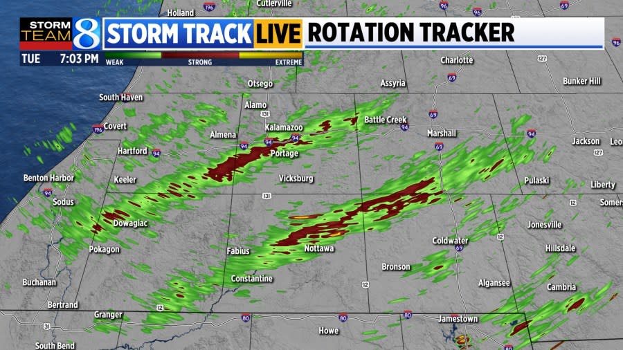 The rotation tracker captured the rotations of two tornadoes on May 7, 2024. 