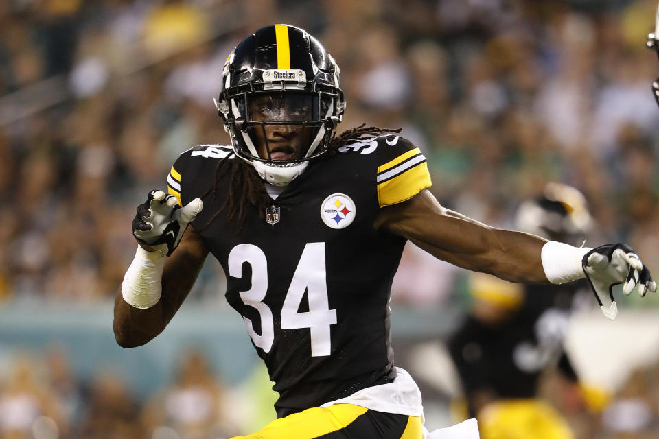 FILE - In this Aug. 9, 2018, file photo, Pittsburgh Steelers safety Terrell Edmunds is shown during an NFL preseason football game against Philadelphia Eagles, in Philadelphia. Ferrell and Felicia Edmunds can't lose. Nor can they be prouder when the Pittsburgh Steelers host the Buffalo Bills on Sunday night, Dec. 15. It's a game that will feature all three of the Edmunds' sons _ the Steelers' Terrell and Trey Edmunds and the Bills' Tremaine _ facing off against each other. (AP Photo/Winslow Townson, File)