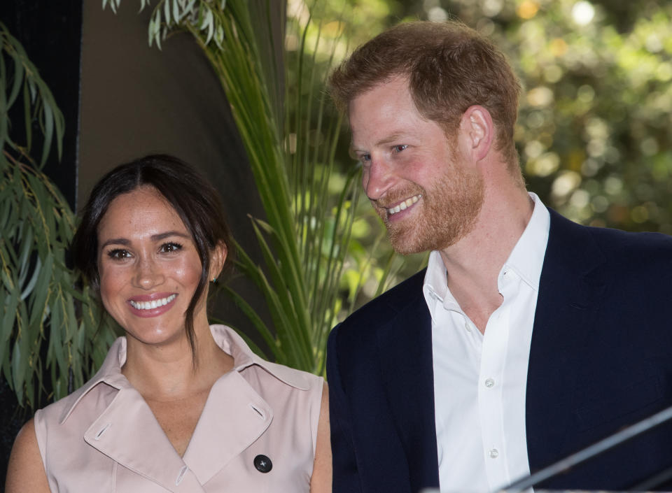 JOHANNESBURG, SOUTH AFRICA - OCTOBER 02: (UK OUT FOR 28 DAYS) Prince Harry, Duke of Sussex and Meghan, Duchess of Sussex visit the British High Commissioner's residence to attend an afternoon reception to celebrate the UK and South Africa’s important business and investment relationship, looking ahead to the Africa Investment Summit the UK will host in 2020. This is part of the Duke and Duchess of Sussex's royal tour to South Africa. on October 02, 2019 in Johannesburg, South Africa.  (Photo by Pool/Samir Hussein/WireImage)