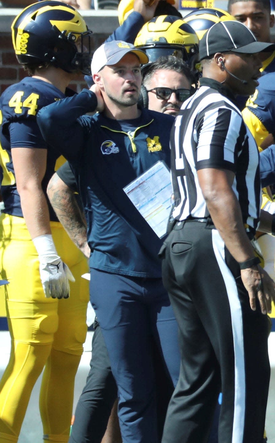 Michigan football analyst Connor Stalions on the sideline during the Wolverines' 31-7 win over Rutgers, Sept. 23, 2023 at Michigan Stadium in Ann Arbor.