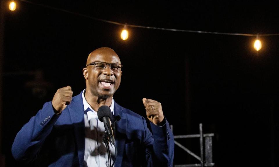 Jamaal Bowman speaks at a watch party in New York on 23 June.