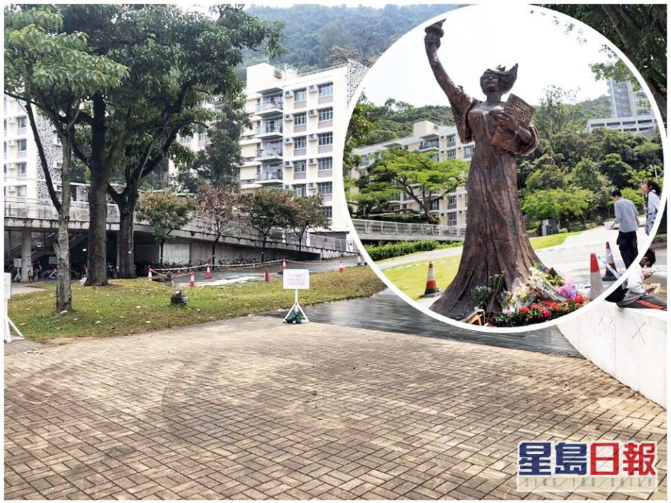 中大已移走「民主女神像」。中大學生報（小圖為資料圖片）