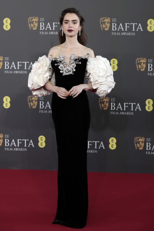 Lily Collins Stuns in Glamorous, RoseThemed Gown on the 2024 BAFTA