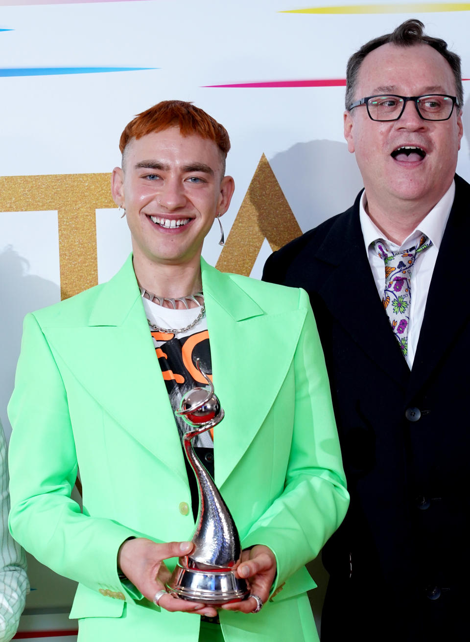 Olly Alexander (left) and Russell T Davies in the press room after winning the New Drama award for It's A Sin at the National Television Awards 2021 held at the O2 Arena, London. Picture date: Thursday September 9, 2021. (Photo by Ian West/PA Images via Getty Images)