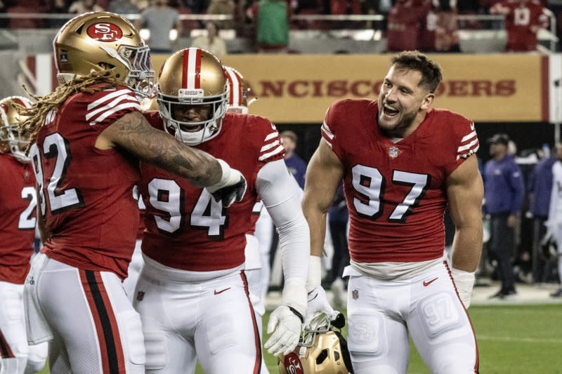 Defensive end Clelin Ferrell (C) appeared in 17 games last season for the San Francisco 49ers. File Photo by Terry Schmitt/UPI