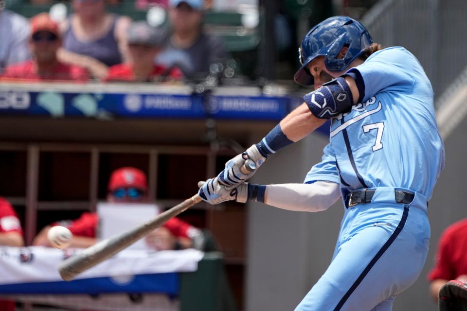 North Carolina's Vance Honeycutt hits a two-run home run against NC State during the first inning in an NCAA college baseball game at the Atlantic Coast Conference tournament final Sunday, May 29, 2022, in Charlotte, N.C.