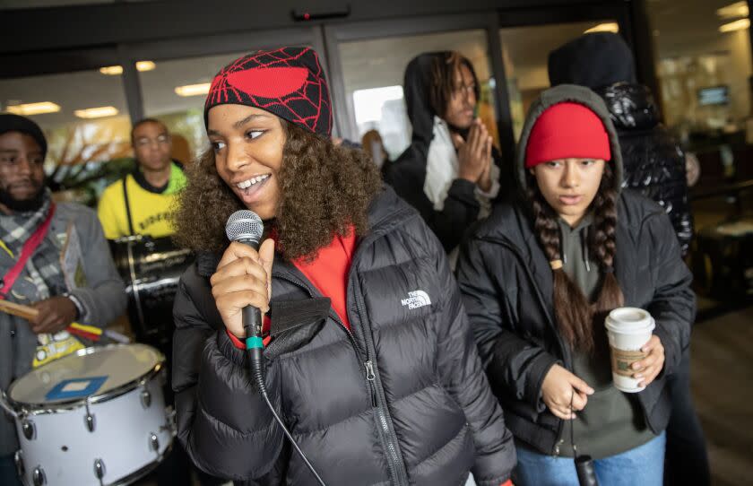 LOS ANGELES, CA - MARCH 22: Jailynn Butler Thomas, an 11th grade student at Dorsey High School and a leader with Students Deserve, speaks during student-led block party at LAUSD headquarters on Wednesday, March 22, 2023 in Los Angeles, CA. (Brian van der Brug / Los Angeles Times)