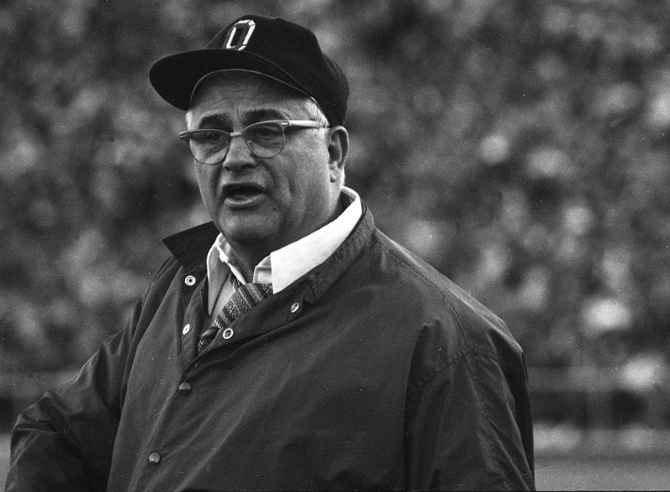 Ohio State football coach Woody Hayes reacts Jan. 2, 1973, as he watches his team go down to a 42-17 defeat at the hands of Southern California in the Rose Bowl. (AP Photo)