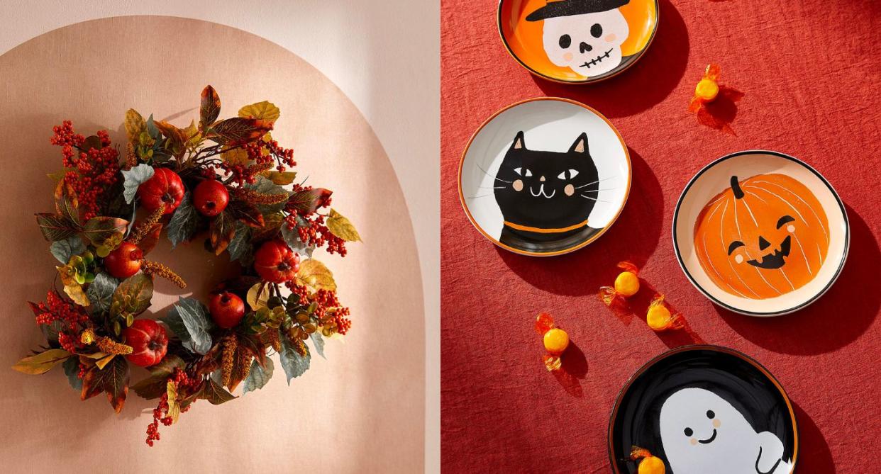 a fall wreath hanging and halloween characters on four plates