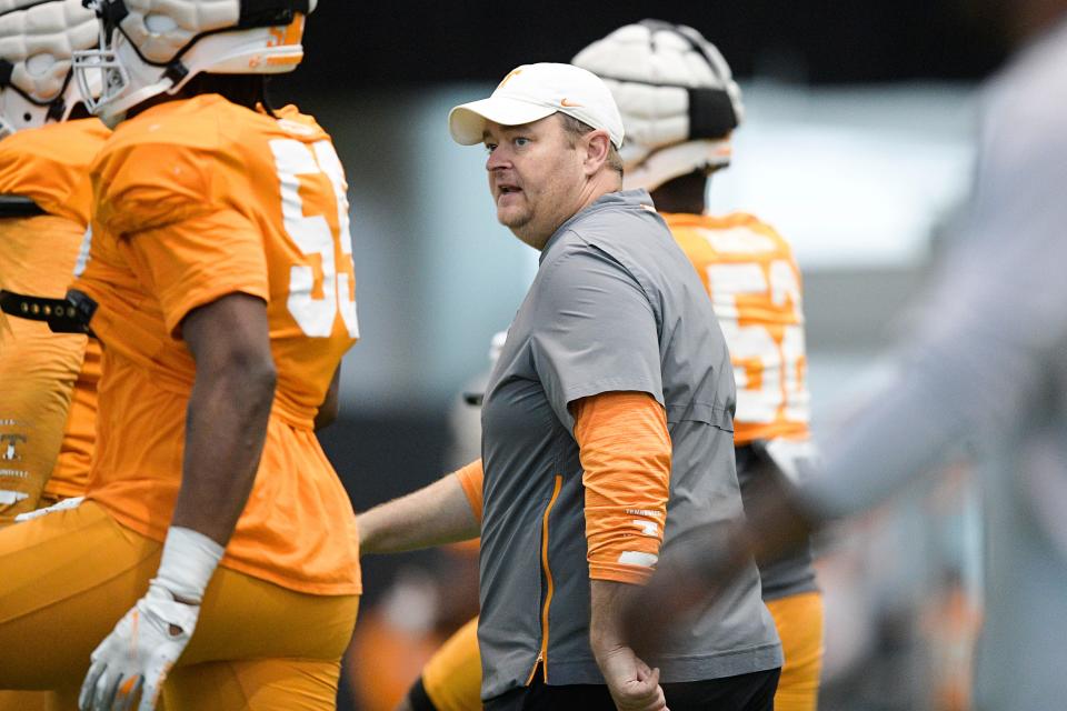 Tennessee Head Coach Josh Heupel during Tennessee football spring practice at Haslam Field in Knoxville, Tenn. on Tuesday, April 5, 2022.