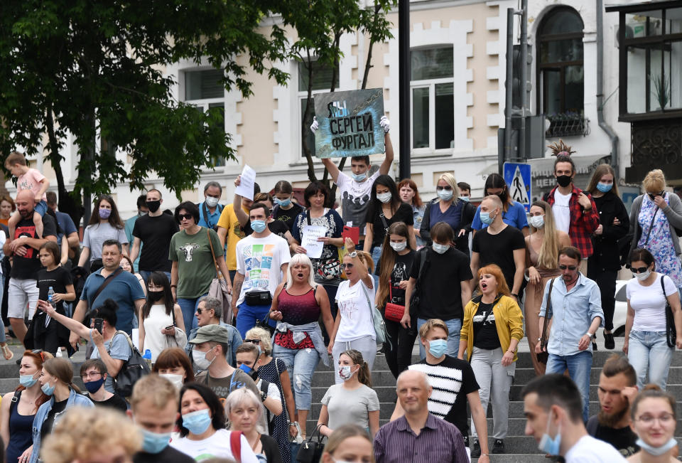 VLADIVOSTOK, RUSSIA - JULY 18, 2020: Citizens gather in central Vladivostok for a rally in support of Khabarovsk Territory Governor Furgal recently taken into police custody over allegations of involvement in murders. Yuri Smityuk/TASS (Photo by Yuri Smityuk\TASS via Getty Images)