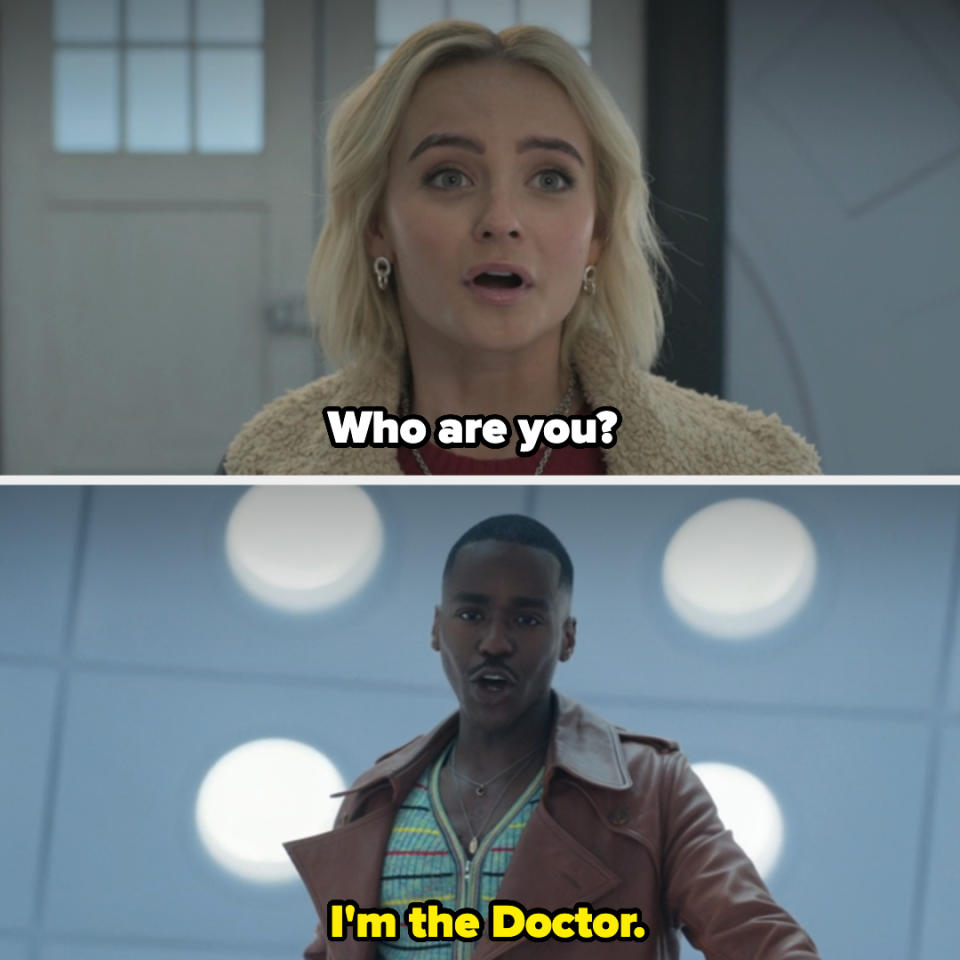 Two scenes from a TV show: a surprised Ruby above and the Doctor declaring "I'm the Doctor" below