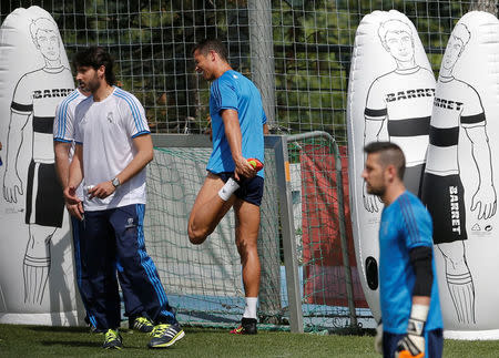 Football Soccer - Real Madrid Training Session - Valdebebas, Madrid, Spain - 24/5/16 Real Madrid's Cristiano Ronaldo (C) reacts during training session. REUTERS/Andrea Comas