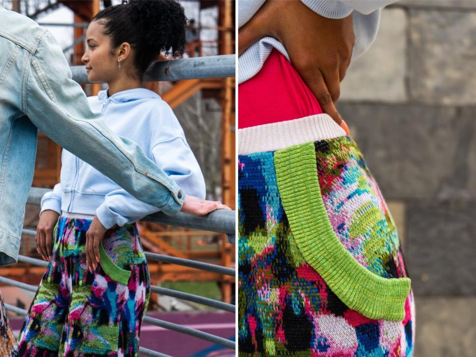 One image of a woman wearing vibrant trousers from Cap_able and one image of the trousers' pocket