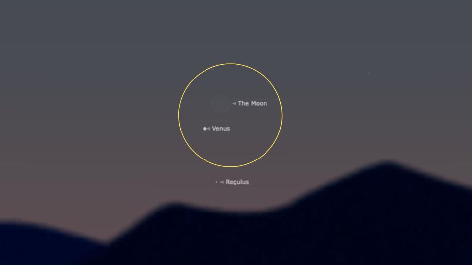 A chart showing the location of the Moon and Venus, with a yellow circle surrounding the two night sky targets.