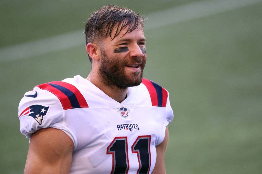  Julian Edelman of the New England Patriots looks on before their game against the Seattle Seahawks at CenturyLink Field on September 20, 2020 in Seattle, Washington. 