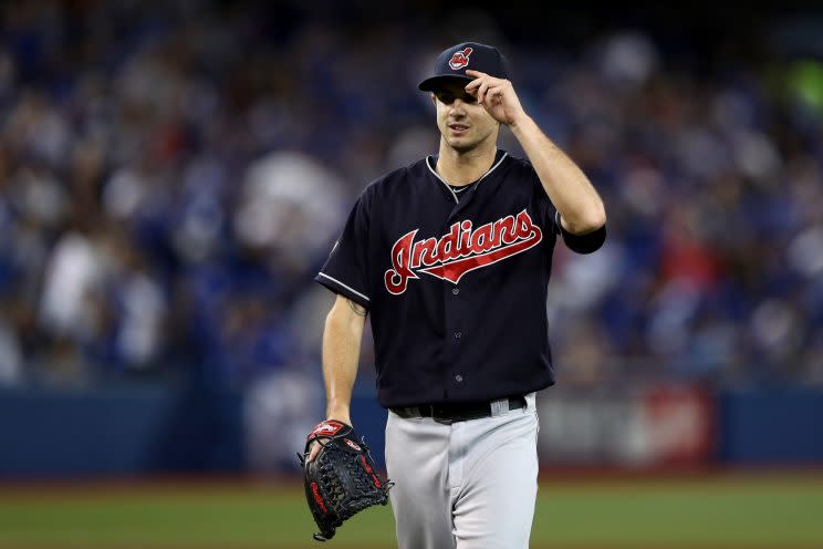 Cleveland Indians postseason hero Ryan Merritt is tipping his cap to supportive fans. (Getty Images)