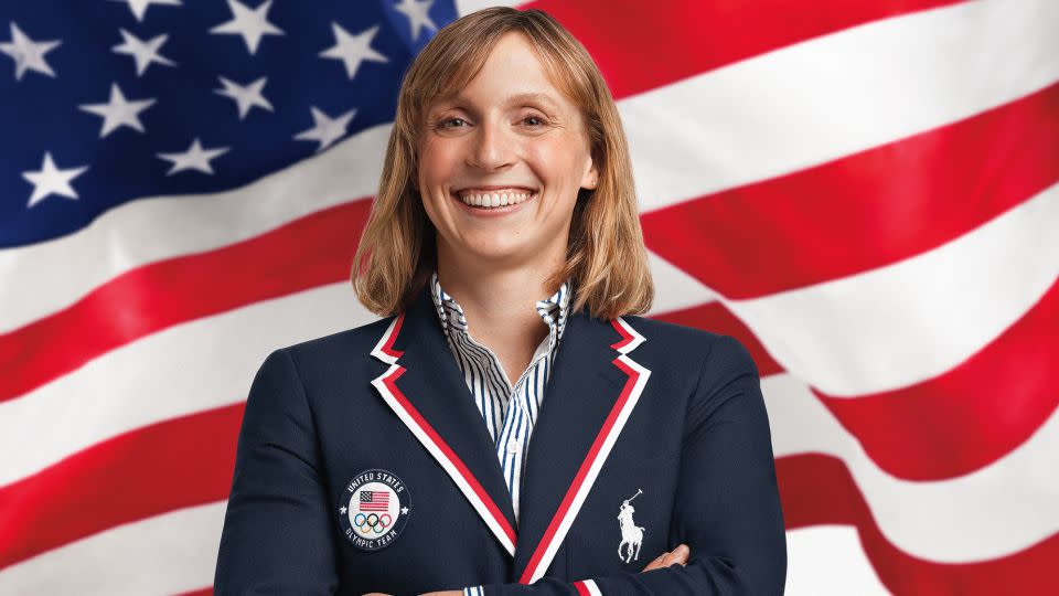 Four-time Olympian (and winner of 10 medals — seven gold, three silver — across her previous Games) swimmer Katie Ledecky poses in the opening ceremony look. - Steven Pan/Courtesy Ralph Lauren