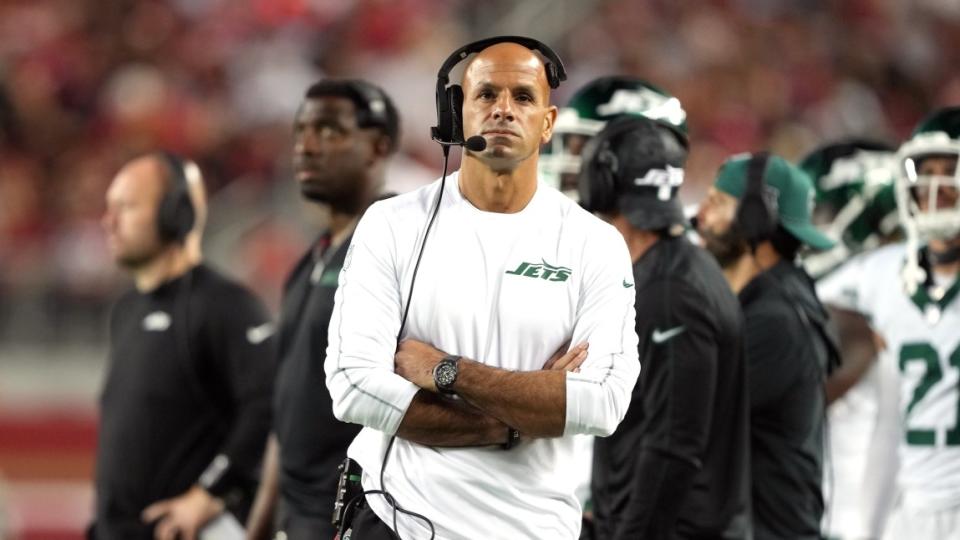 New York Jets head coach Robert Saleh walks along the sideline during the fourth quarter against the San Francisco 49ers at Levi's Stadium.