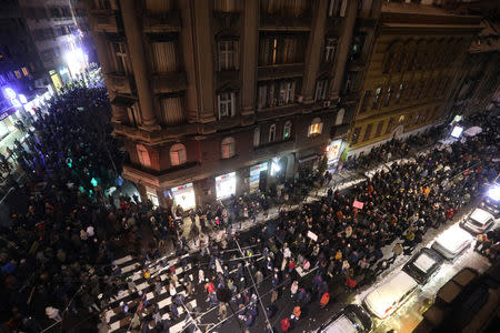 Demonstrators march during a protest against Serbian President Aleksandar Vucic and his government in central Belgrade, Serbia, January 12, 2019. REUTERS/Djordje Kojadinovic