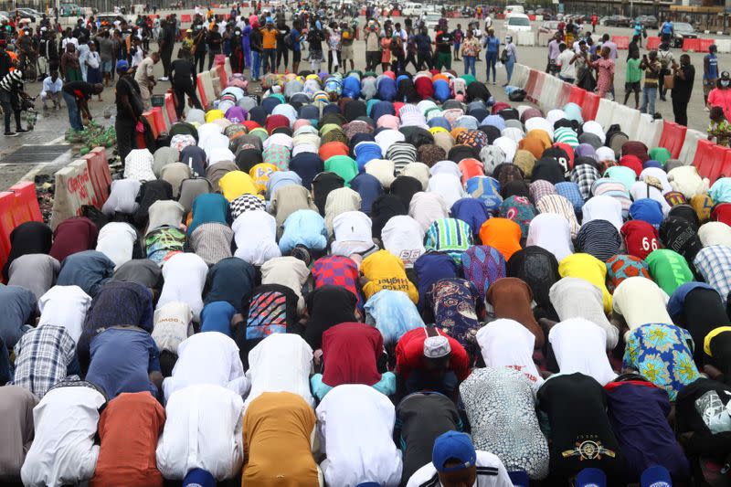 Muslim demonstrators observe jumat service amid protests against police brutality in Lagos