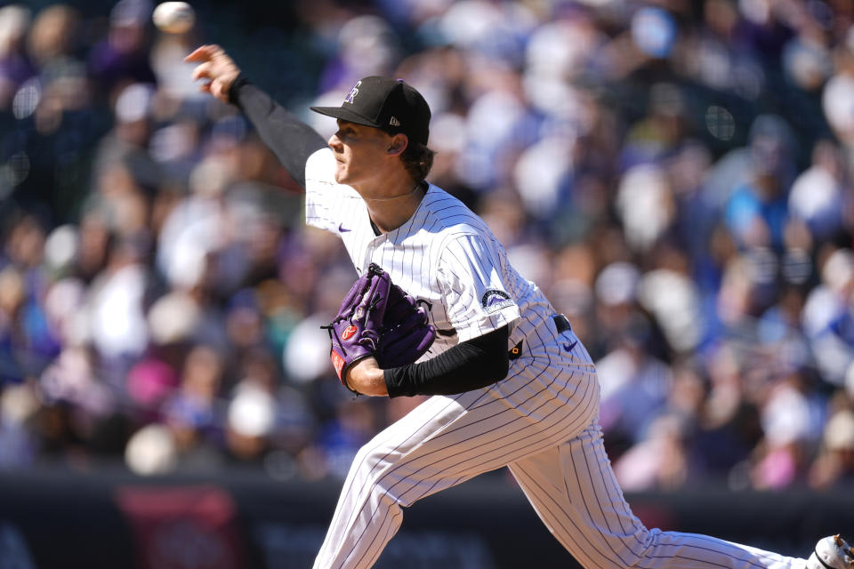 Colorado Rockies starting pitcher Ryan Feltner works against the Los Angeles Dodgers in the first inning of a baseball game Sunday, Sept. 29, 2024, in Denver. (AP Photo/David Zalubowski)