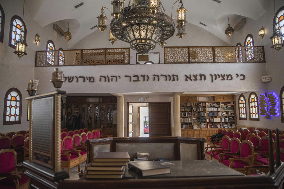 A view inside the David Hemelekh Synagogue, which has been closed since the outbreak of Coronavirus, in Casablanca, Morocco, Thursday, May 28, 2020. The city boasts about 15 functioning synagogues, 10 kosher butchers and five kosher restaurants, said Berdugo, an ambassador at-large for Morocco's king and former tourism minister. (AP Photo/Mosa'ab Elshamy)