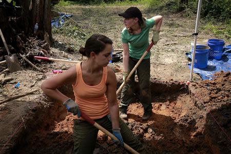 University of South Florida masters student Cristina Kelbaugh (L) and PhD student Ashley Maxwell, dig at the Boot Hill cemetery at the now closed Arthur G. Dozier School for Boys in Marianna, Florida, August 31, 2013. REUTERS/Edmund D Fountain/Pool