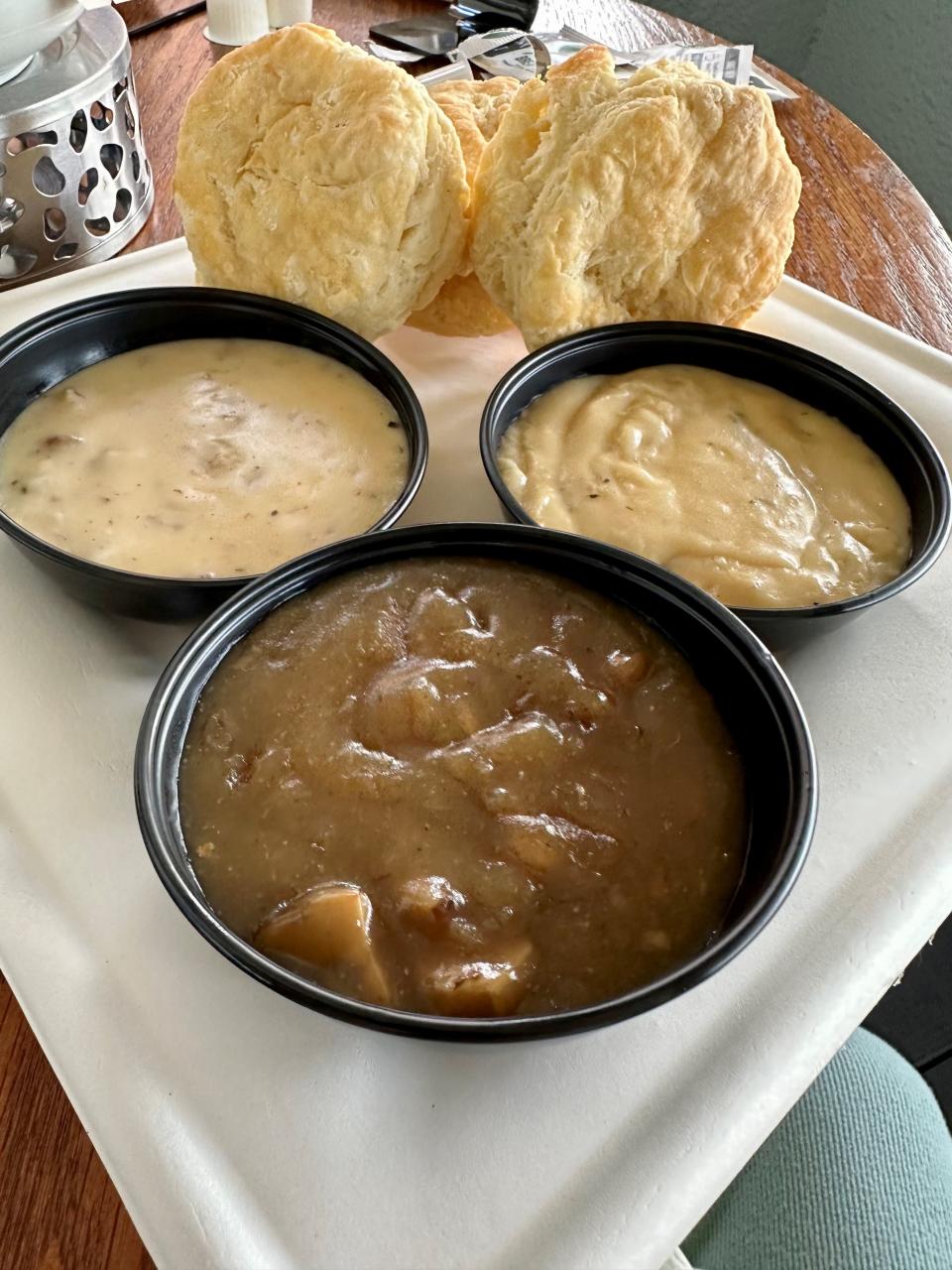Biscuits and a Flight of 3 Gravies at Harvest Thyme Kitchen featured three of the best homemade biscuits you ever will get from a restaurant with a choice from among four gravies: bacon, chicken-herb, mushroom-Chardonnay and sausage. We selected the latter three.