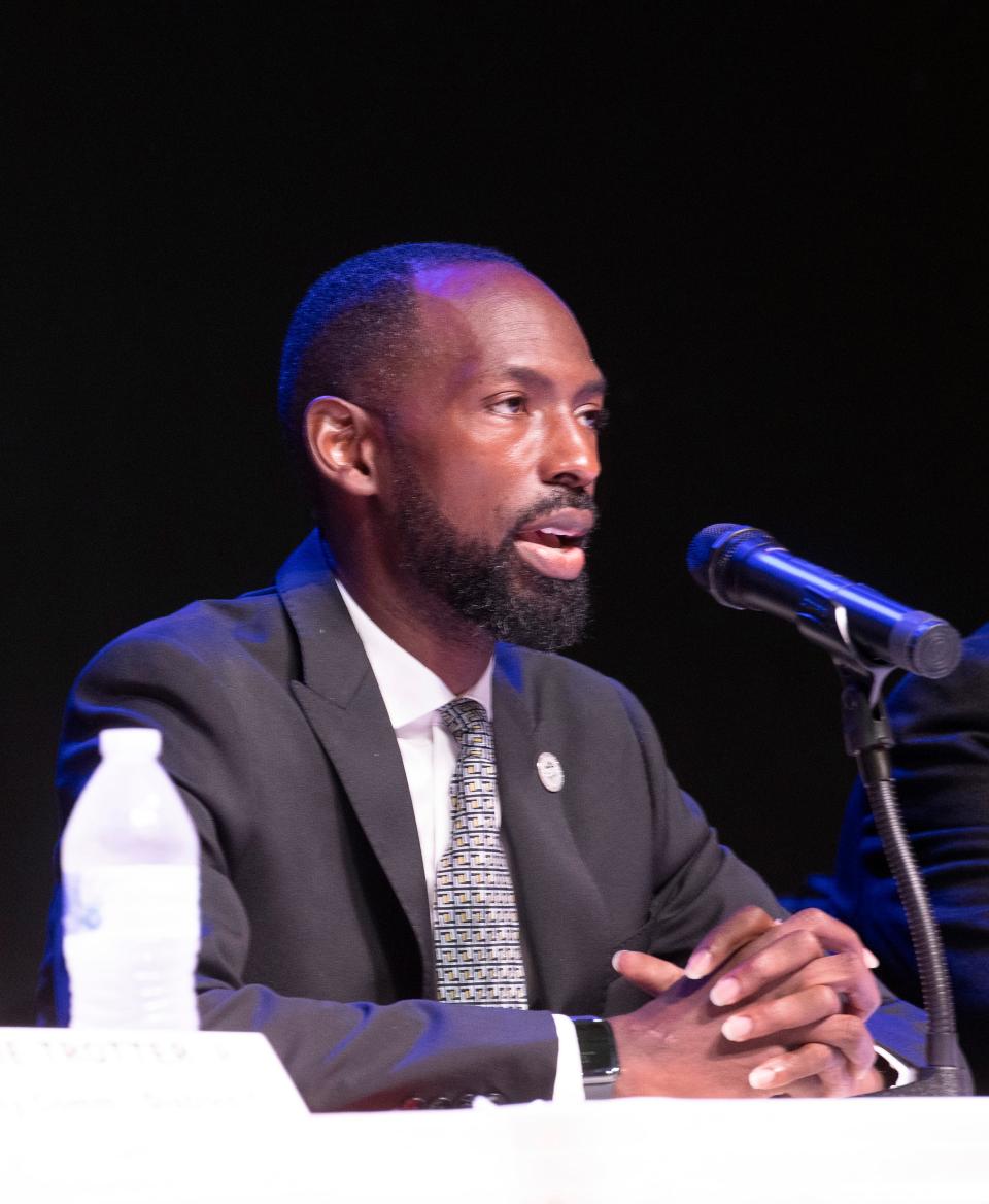 LuTimothy May, a candidate for the Escambia County Commission, responds to a question during a debate hosted by the Women for Responsible Legislation candidate forum on July 31, 2020.