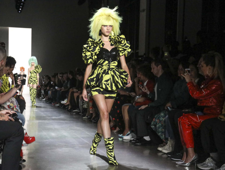 The latest fashion creation from Jeremy Scott is modeled during New York's Fashion Week, Friday, Sept. 6, 2019. (AP Photo/Bebeto Matthews)