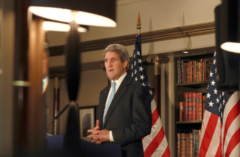 LONDON, UNITED KINGDOM - MARCH 14:  U.S. Secretary of State John Kerry holds a press conference at the Churchill hotel after his meeting with Russian Foreign Minister Sergey Lavrov on March 14, 2014 in London, England. Mr Kerry met with his Russian counterpart Sergei Lavrov to discuss the Ukrainian crisis situation ahead of a disputed referendum in Crimea on Sunday. (Photo by Sean Dempsey - WPA Pool/Getty Images)