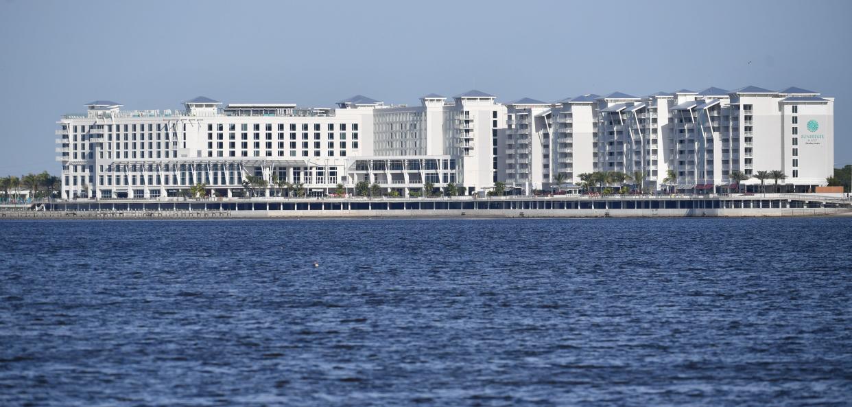 Sunseeker Resort Charlotte Harbor viewed across the Peace River from Punta Gorda. Sunseeker Resort is a new all-in-one resort owned by Allegiant Travel Company. The resort occupies 22 acres on the waterfront in Port Charlotte, Florida and offers 758 guest suites, 20 restaurants and 60,000 square feet of convention space.