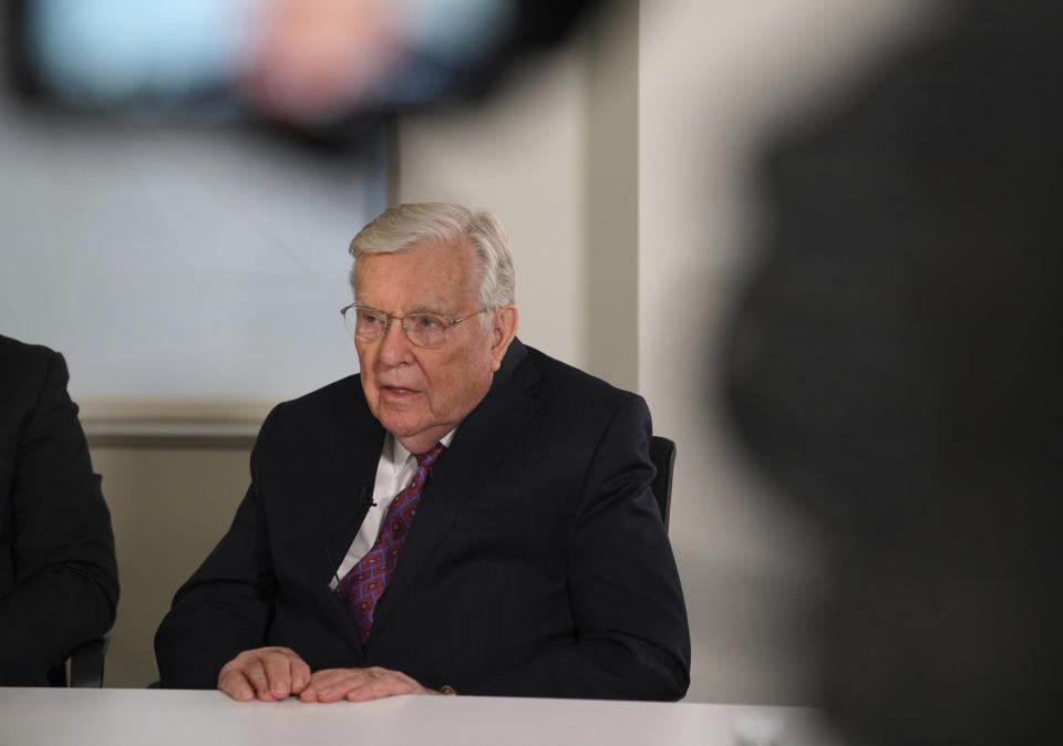 M. Russell Ballard, a senior leader of The Church of Jesus Christ of Latter-day Saints and acting president of the Quorum of Twelve Apostles, speaks during an interview, Friday, Nov. 15, 2019, at the Associated Press headquarters in New York. (AP Photo/Emily Leshner)