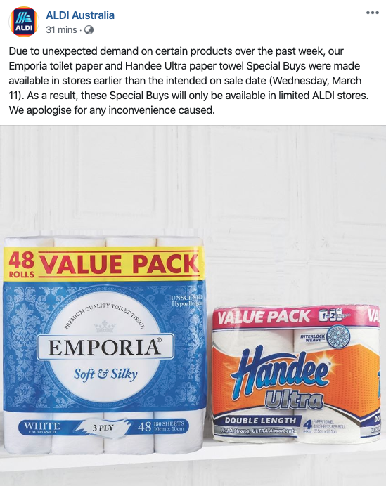 Aldi Australia Facebook post cancelling toilet paper special